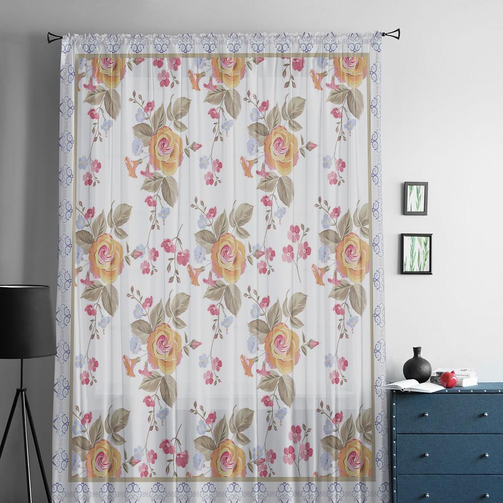 Cortina Transparente Dibujada a Mano con Líneas de Hojas y Flores Para Dormitorio, Cortina de Tul Voile Para Decoración de Cocina, Salón, Tratamiento de Ventana