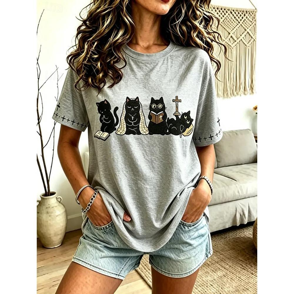 Women's T Shirt Print Graphic Cat Vintage Stylish Modern Short Sleeve Crew Neck Regular Tops Casual Daily Whit Summer Spring