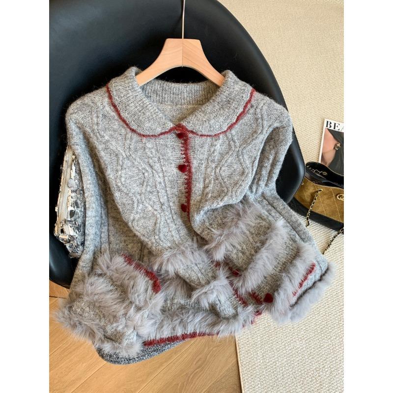 College Style Doll Collar Love Buckle Twist Knitted Cardigan Women's Soft Waxy Sweater Jacket Contrasting Colors and Fluffy High-end Sense