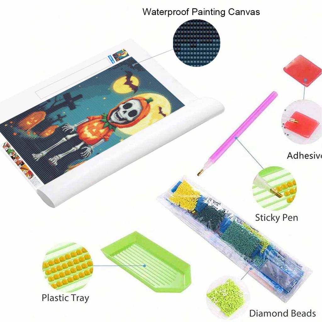 DIY Diamond Painting Canvas Pumpkin Skeleton Moon Pattern 5D Rhinestone Art Kit for Home Wall Decor Crafting Hobby Gift Set