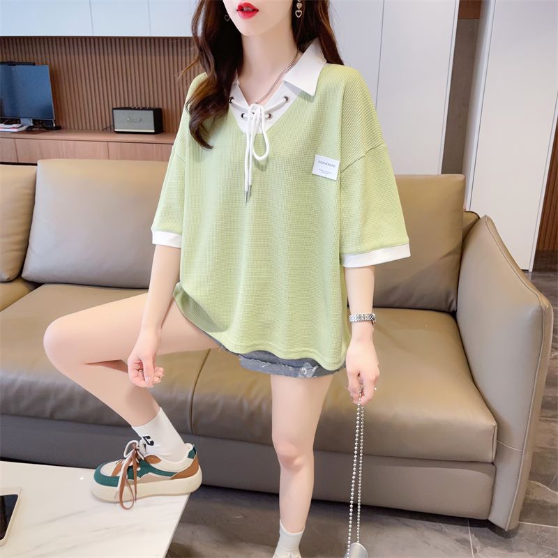 Frühling Sommer Kontrast Schnürung Lockere T-Shirts Polokragen Langarm Patchwork Trend Tops Tees Lässige Mode Damenbekleidung