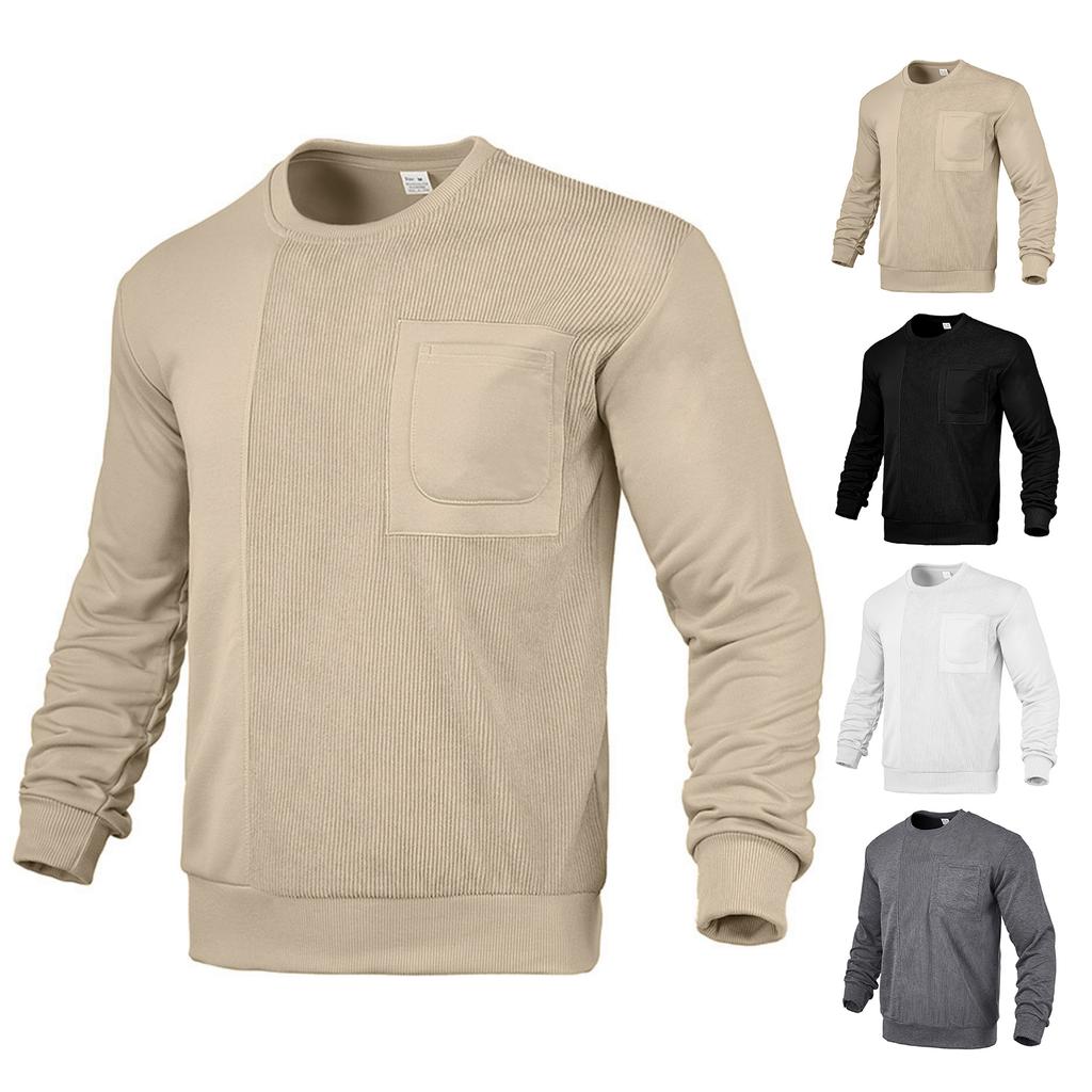 Men's Casual Solid-color Round-neck Sweatshirt With Corduroy And Striped Long-sleeved Sweatshirt