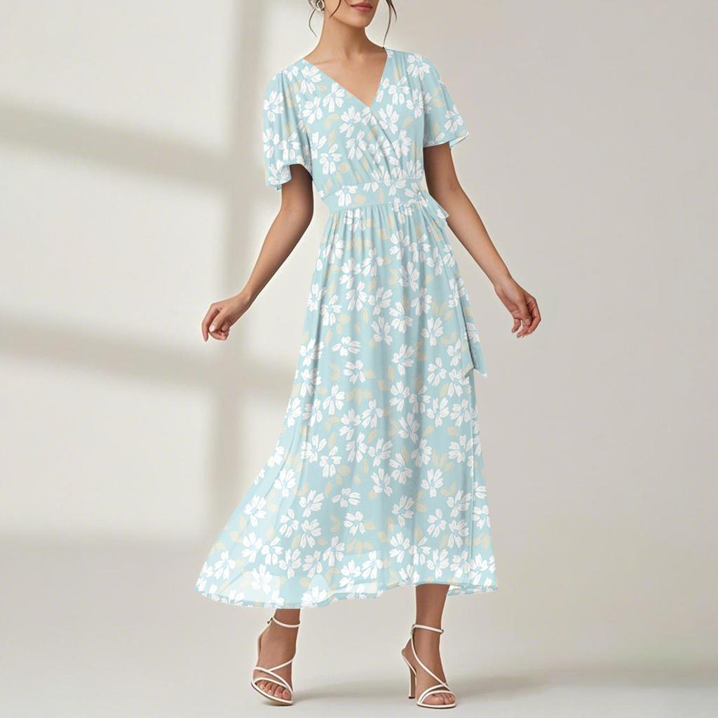 Women's Summer Floral Bohemian Dress Wrap V Neck Short Sleeves Ruffle A-Line Flowy Maxi Dress Summer Dresses For Women