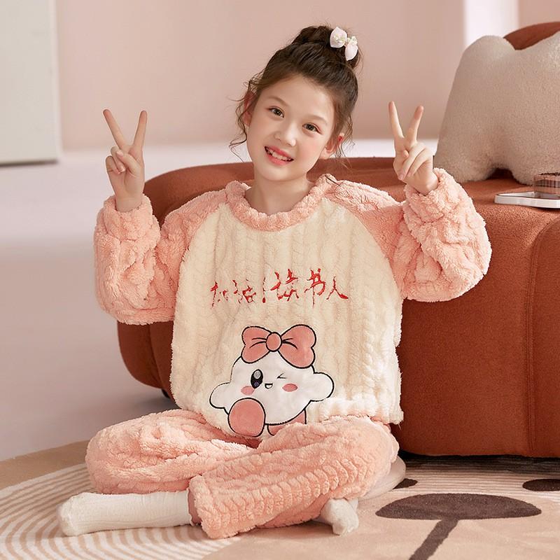 Girls Warm Coral Fleece Pajama Set Long Sleeve Cartoon Print Soft Home Wear Winter