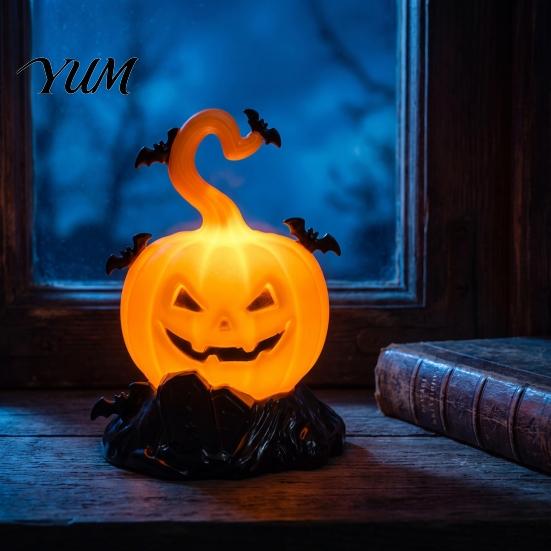 Mysterious Theme Party Supplies 2Pcs Halloween Pumpkin Night Light, Flameless LED Candle Lamp with Bat Battery Operated Lights Decor, Plastic Tabletop