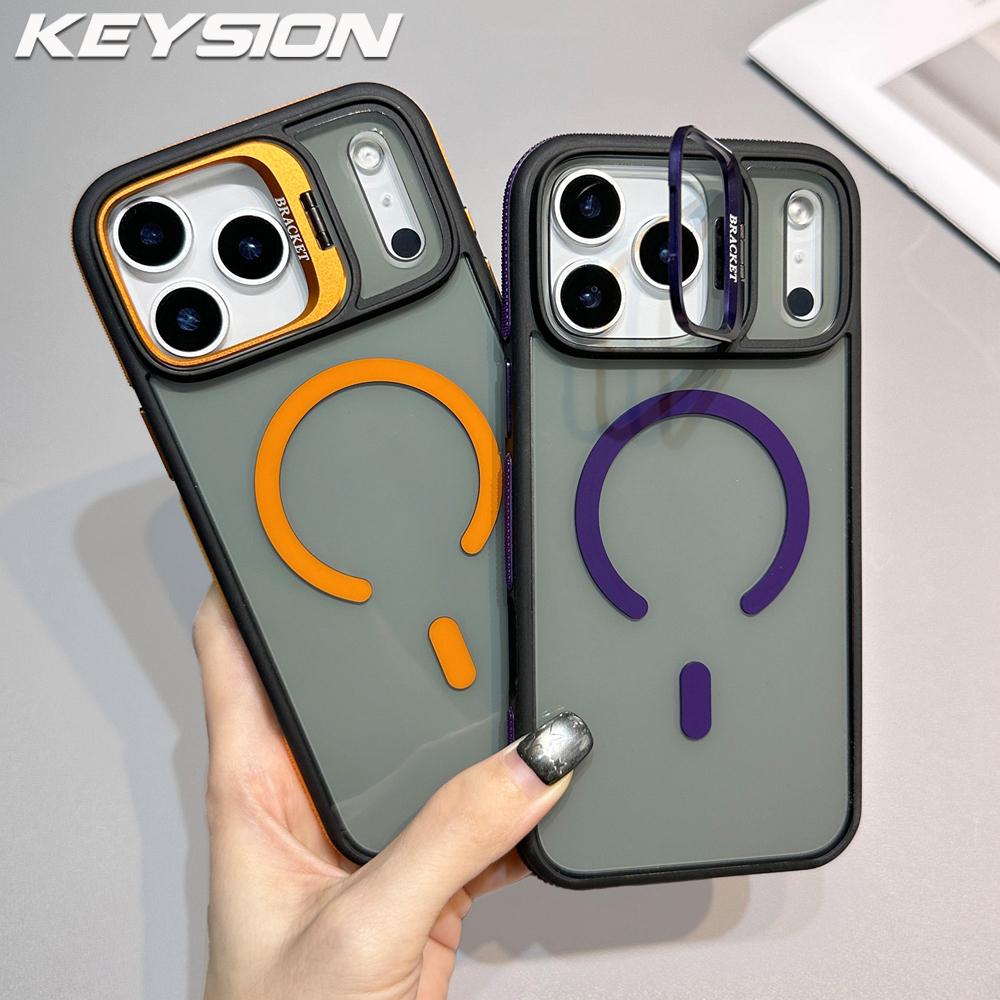 KEYSION Transparent Magnetic Lens Stand Case for MagSafe for iPhone 17 Pro Max Air TPU+PC Color Blocking Shockproof Phone Cover
