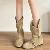 Retro Belt Buckle Mid-leg Boots Women's  Autumn New Skinny All-match Inner Heightening Western Boots