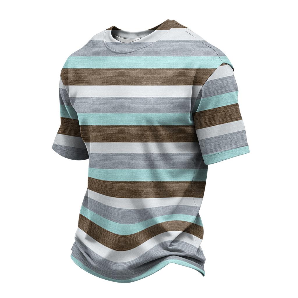 Men's Casual Quick-Dry Round Neck Short Sleeve Striped T-Shirt - Lightweight Mesh Breathable