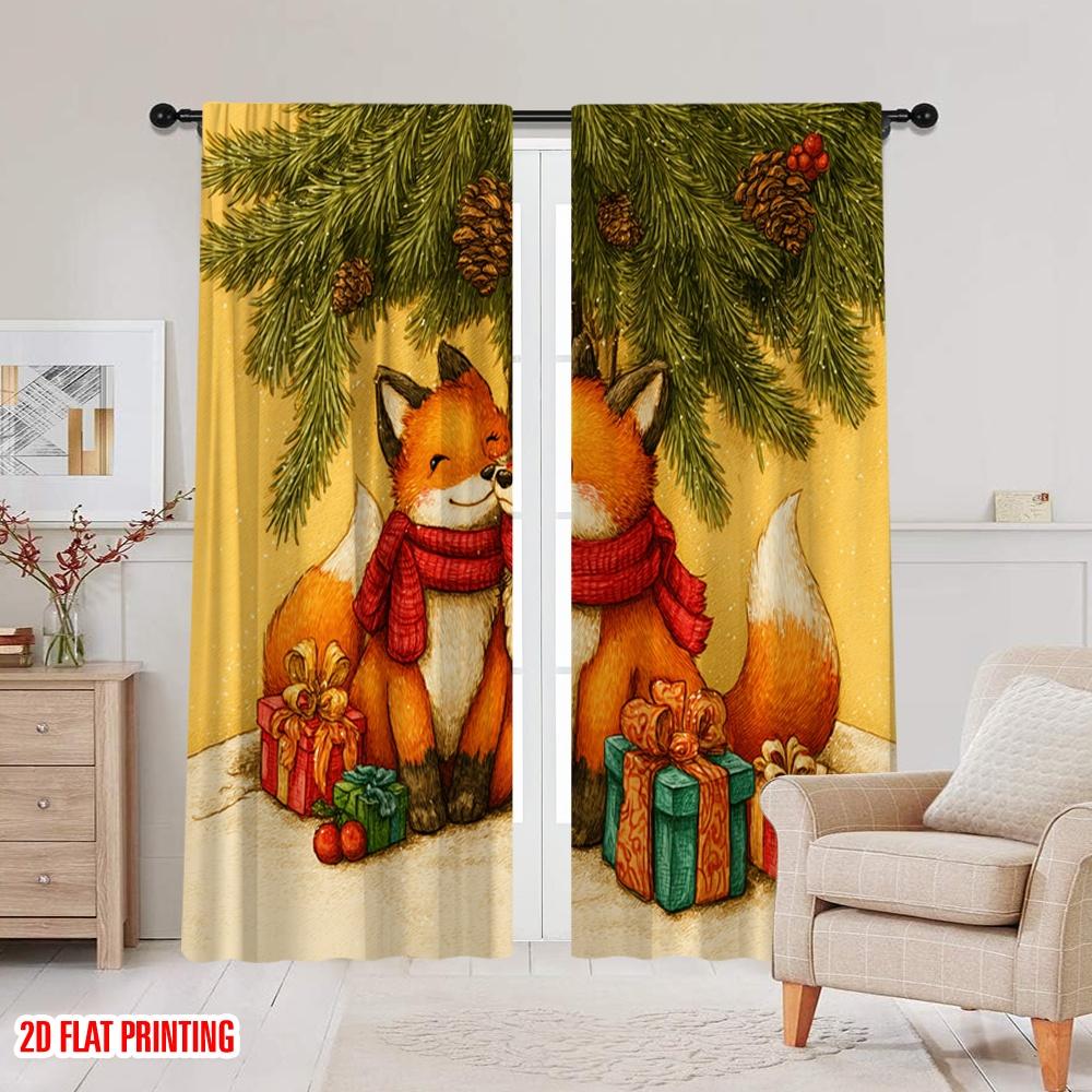 2pcs,2D Plane Printing Light Filtering Curtains Cozy Foxes In Red Scarves with Pine & Gifts Versatile Polyester (without Rod)