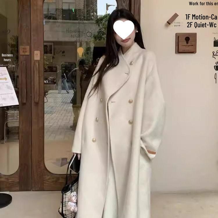 Women s Oatmeal Woolen Coat, 2025 Autumn/Winter, Slimming Korean Style, Long Design for Tall Figures L