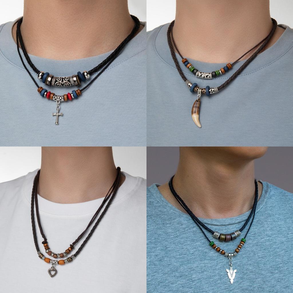 Vintage Style Alloy Cross Love Arrow Wolf Tooth Pendant Tibetan Silver Beaded Waterproof Wax Line Leather Rope Men's Necklace