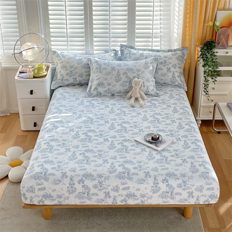 Blue White Floral Pattern Fitted Sheet Set Abstract Flowers Cotton Bedding Set Skin-friendly Non-slip Bedspread with Pillowcases
