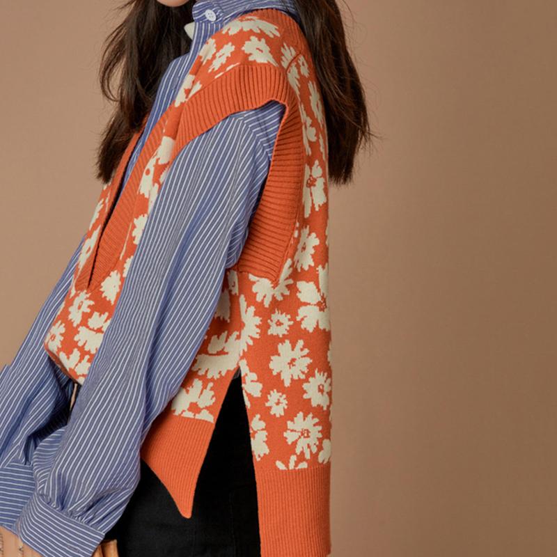 Floral Sweater Vest Women Autumn Winter Fashion Knitted Vest Sleeve Jackets  V Neck Woman Pullover Jumper Girl Sweater Retro English Wind