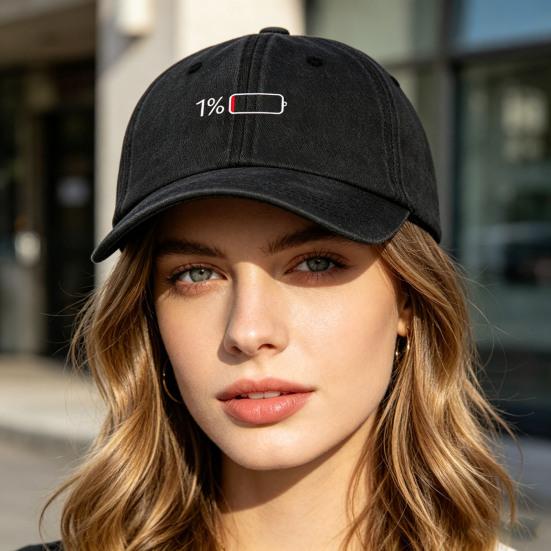 Low Battery Pattern Baseball Hat, Adjustable Back Buckle Retro Distressed Style Baseball Cap, Washed Cotton Fabric Outdoor Sunshade Cap