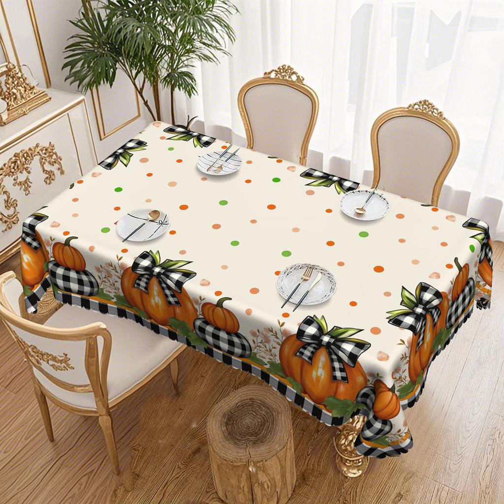 Pastoral Pumpkin Theme Tablecloth, Orange Pumpkin Black Checked Bow, Suitable For Square/Round Dining Tables