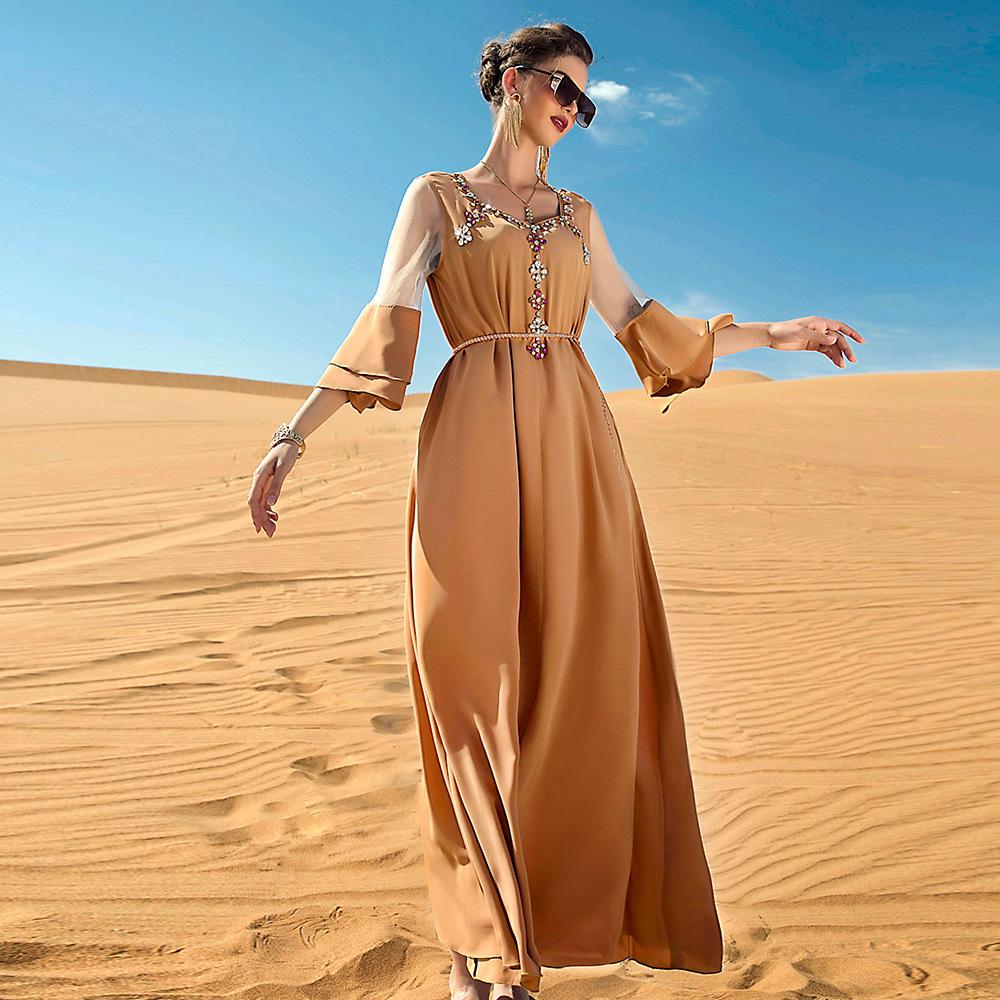 Khaki Ruffle Panel Mesh Slim Fit Elbise Dubai Müslüman Elbisesi