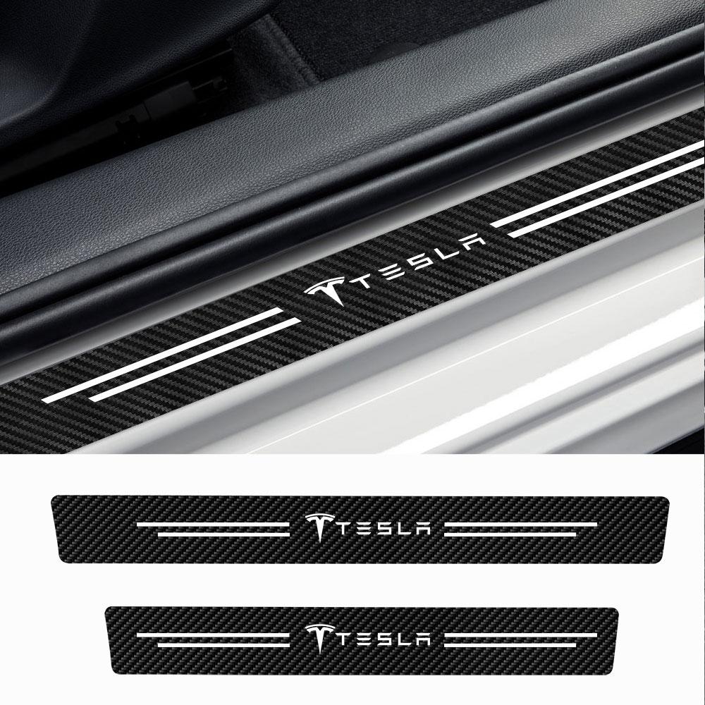 AMG1 4Pcs Carbon Fiber Leather Car Door Sill Strip Badge Sticker For Tesla Model 3 Model S X Model Y Roadster Cybertruck Coil SpaceX