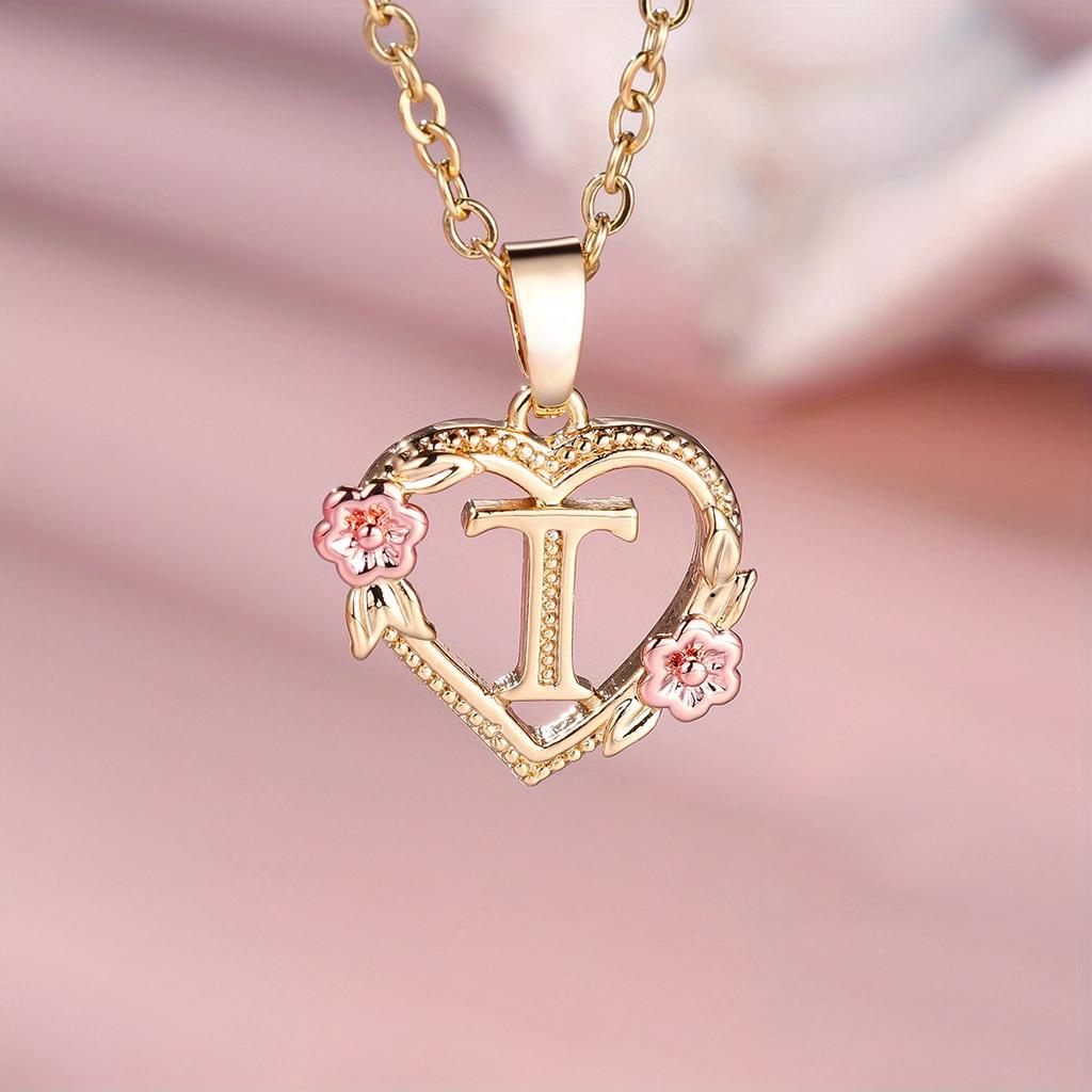 1 Pc Golden Color 26 English Letter Heart Necklace Rose Flower Pendant Wedding Band Jewelry Valentine's Day Gift