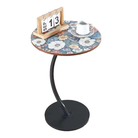 C-shaped Side Table with Floral Tabletop Metal Frame Office Living Room Bedroom
