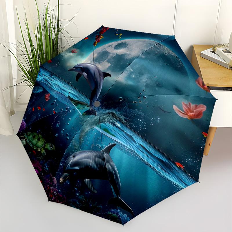 Ocean Dolphin Moon Print Umbrella, Windproof UV Protection Folding Travel Umbrella