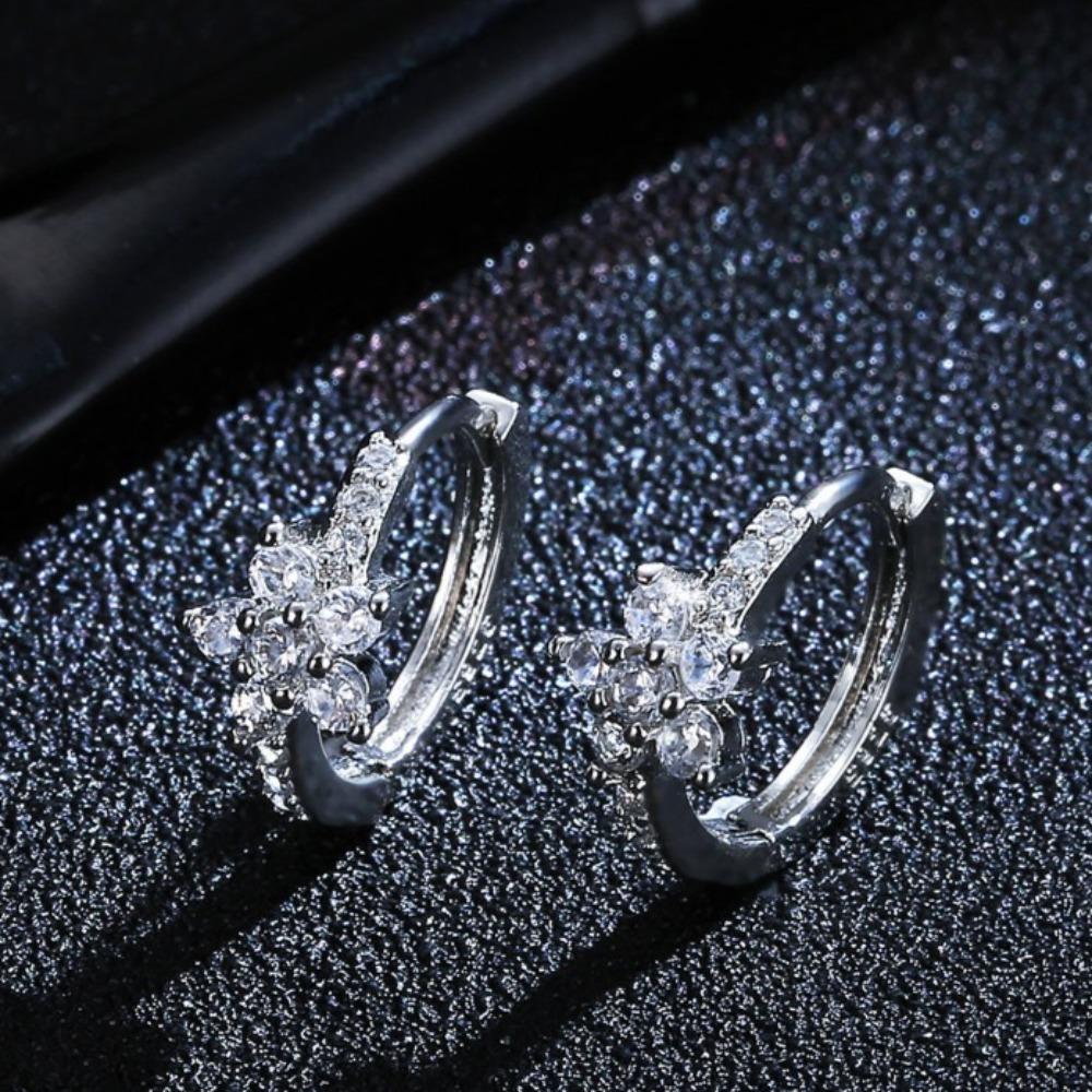 Elegant Five Petal Flower Earrings with Full Diamond Zirconia Huggie Design Stylish Gift