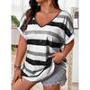 Plus Size 1XL-5XL Fashion Women Summer Striped T-shirt Ladies Casual Printed Short Sleeved V-neck Knit Top T-shirt
