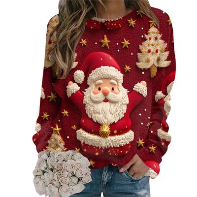 Women's Christmas Santa Claus Print Sweatshirt Casual Long Sleeve Crew Neck Sweatshirt New Year Autumn Winter Xmas Clothing 2024