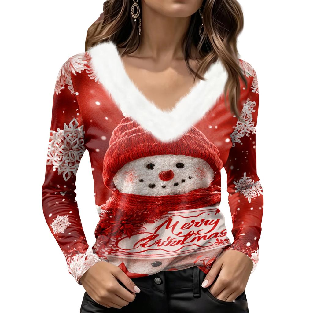 Women's Long Sleeve V-Neck Christmas Top with Collar, Snowflake and Christmas Tree Print