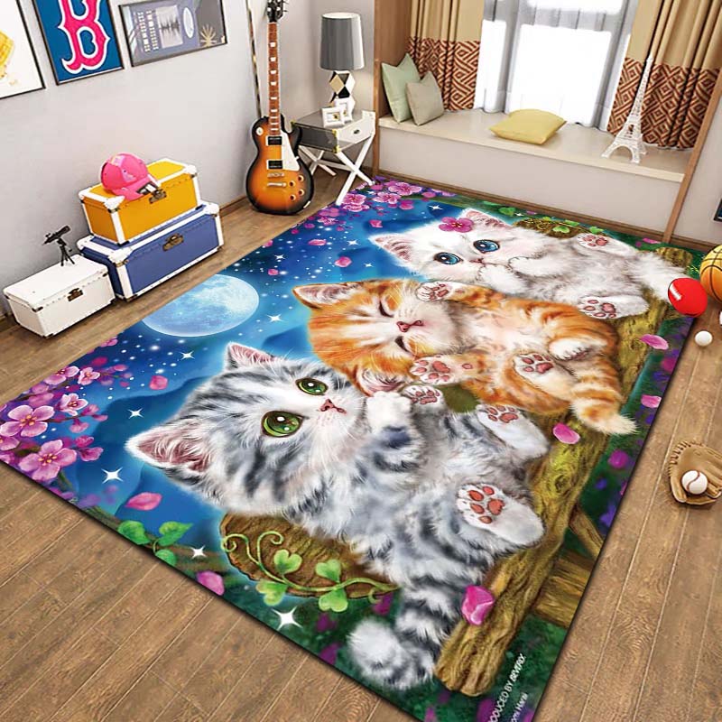 Cute Cartoon Cat Pet Animal Print Flannel Area Rug Non‑Slip Soft Floor Mat For Couch Bedroom Living Room Indoor Home Decor Gift