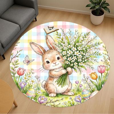 1pc Easter Bunny Flowers Round Chair Mat Office Area Rug - Non-Slip, Floor Mat for Office, Bedroom, and Indoor Decor P127233