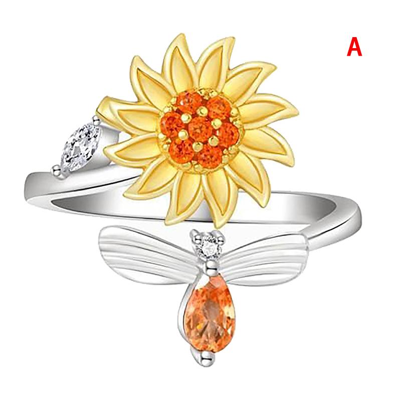 

Кольцо с вращающимся подсолнухом, регулируемое по размеру, с цирконием, маленькая пчелка
