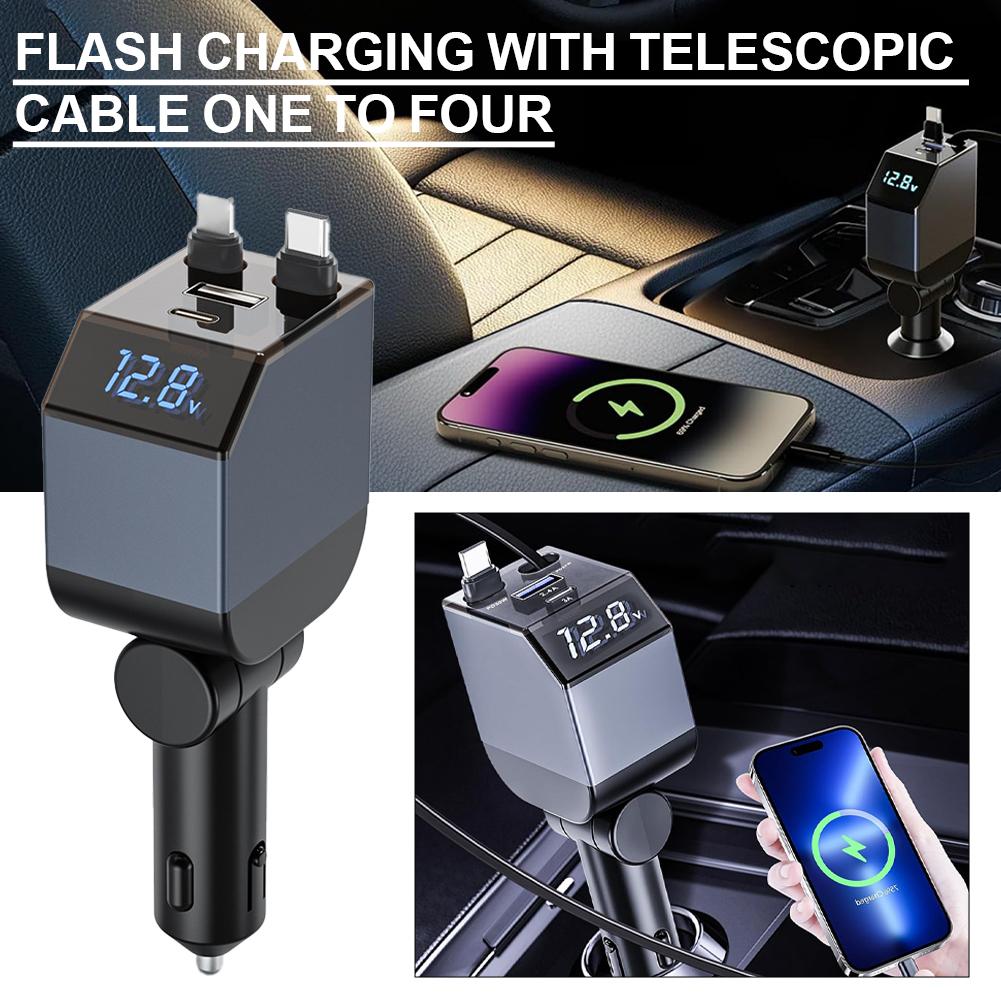 Car Charger, 3-in-1 Independent Fast Charging, Retractable Cable, Power Display USB C Car Charger For IPhone Android W9R9