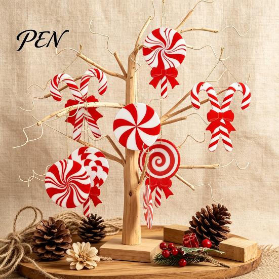 Classic Red White Christmas Ornaments 12/24/36 Pcs Candy Tree Decorations, Lollipop Picks for Tree, Country Style Fireplace Hanging Decor Ornaments,