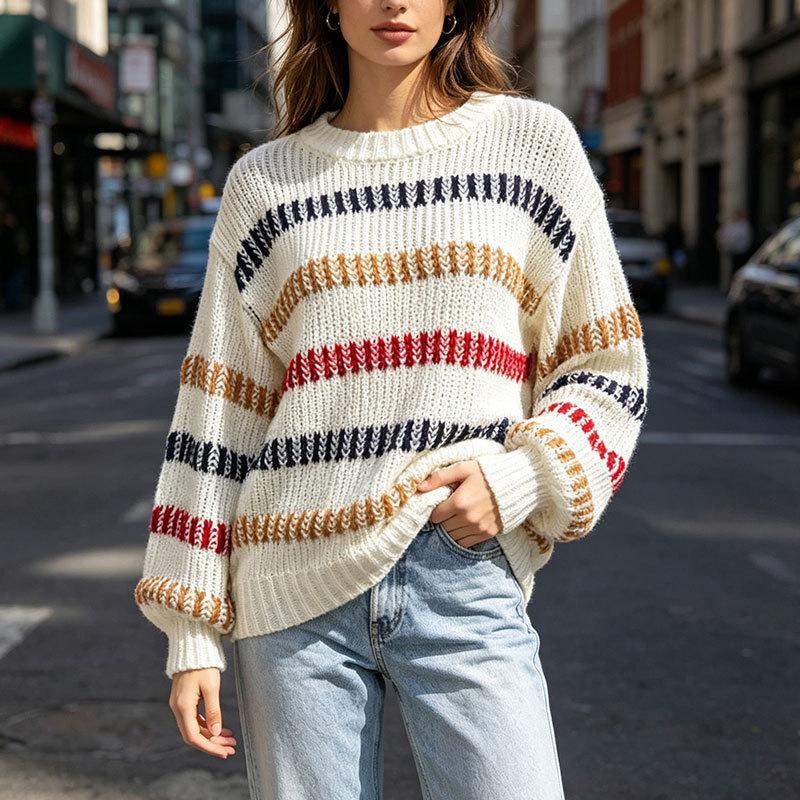 European And American Autumn And Winter Sweaters Women'S Fashion Color Matching Knitted Loose And Versatile Pullover Top Women