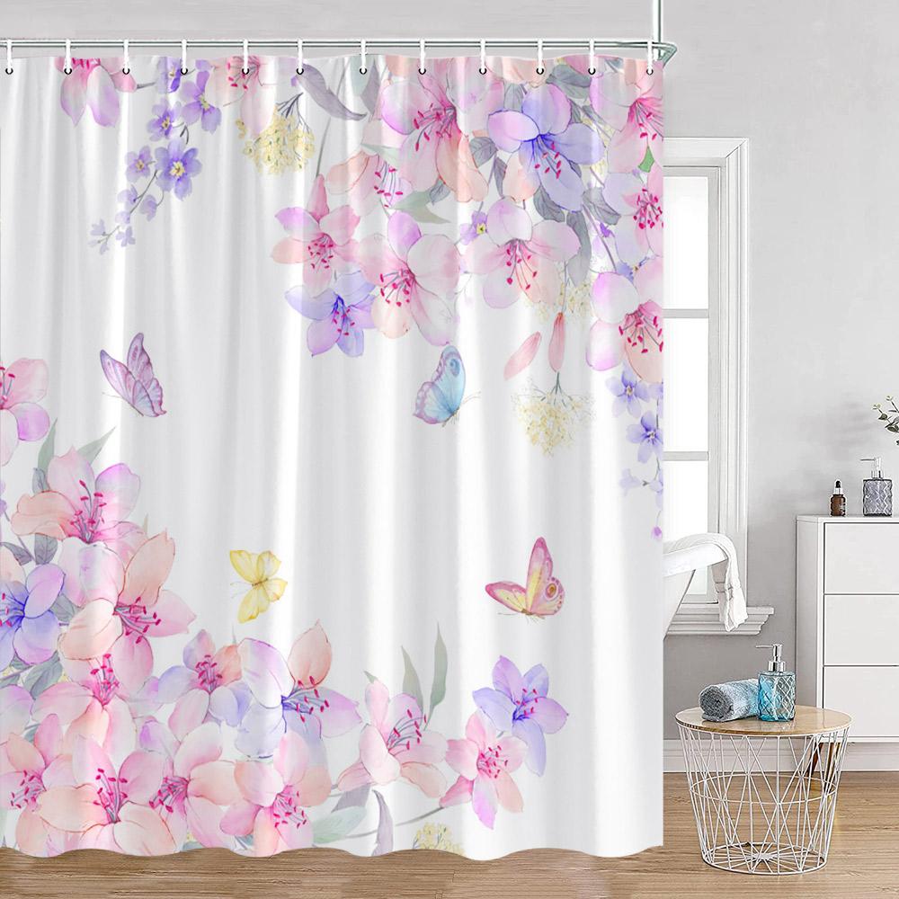 Watercolor Flowers Butterfly Shower Curtains Green Leaves Plants Colorful Floral Bathroom Decorations Polyester Fabric Bath Curt