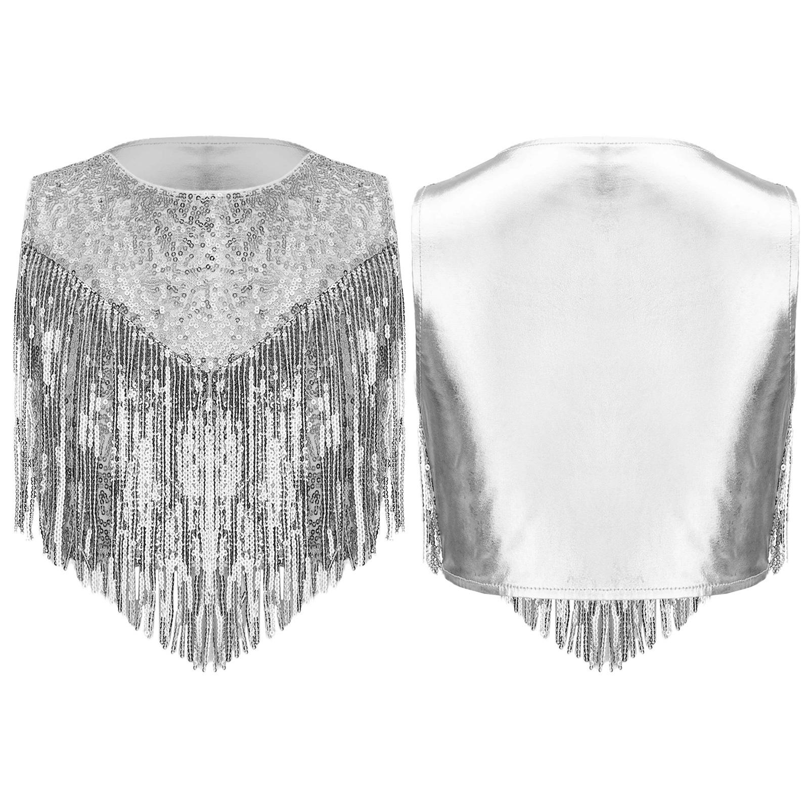 

Girls 70s Disco Costume Shiny Sequins Round Neck Metallic Gloss Sleeveless Top 9-10 Years срібний