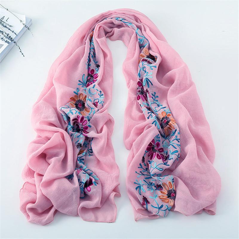 Women Cotton Viscose Shawl Plain Embroider Floral Turban Style Pashmina Wrap Thick Sun Protection Summer Soft Shawl 180*90Cm