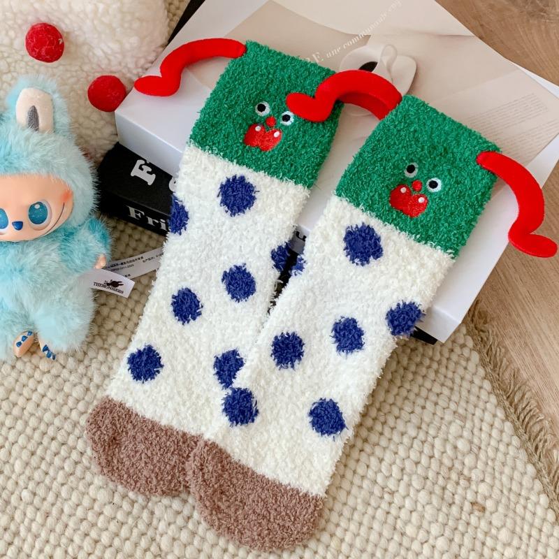 Three-dimensional Coral Fleece Sleeping Socks Winter Warm Medium Tube Floor Socks Embroidery Funny Clown Half Fleece Christmas Socks