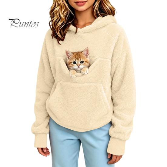 Evcil Hayvan Cebi Olan Kız Çocukları İçin Sıcak Polar Kazak Kapüşonlu, Kedi Köpek Taşıyıcı Kapüşonlu Hayvan Sweatshirt, Çocuklar İçin Oversize Kanguru Cepli Üst Tutucu Sweatshirt