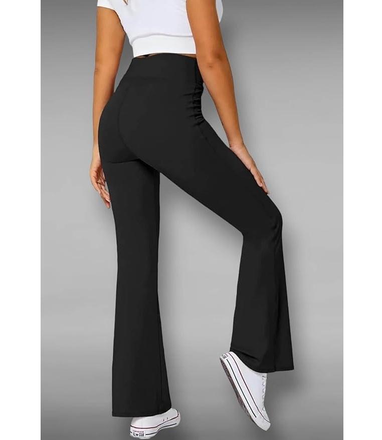 Damen Crossover High Waist Schlaghose mit Handytasche, Komfort-Passform, Sporthose, Fitness-Tights