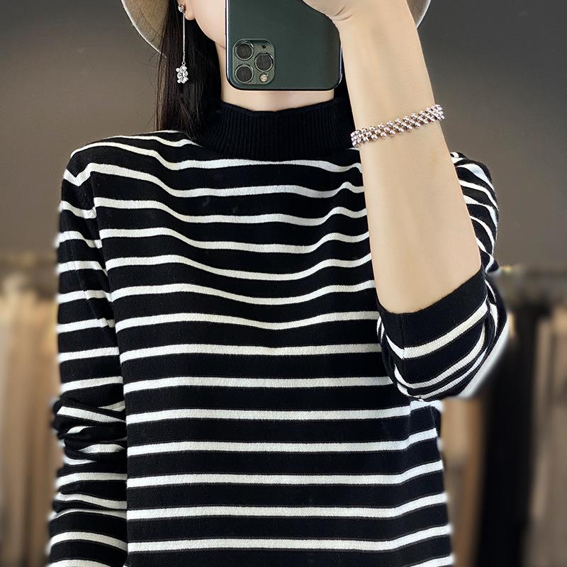 

24 Осенний женский полосатый свитер с длинным рукавом, с талией и тонкой полустойкой, вязаная базовая рубашка и женский вязаный свитер внутри XXL