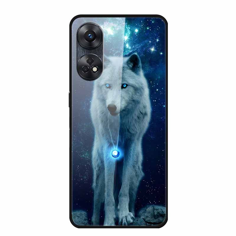 For Oppo Reno8 T 4G Case Luxury Tempered Glass Back Cover Hard Case For Reno8 T 4G 6.43" Capa Funda Animal Vividly Coque Wolf