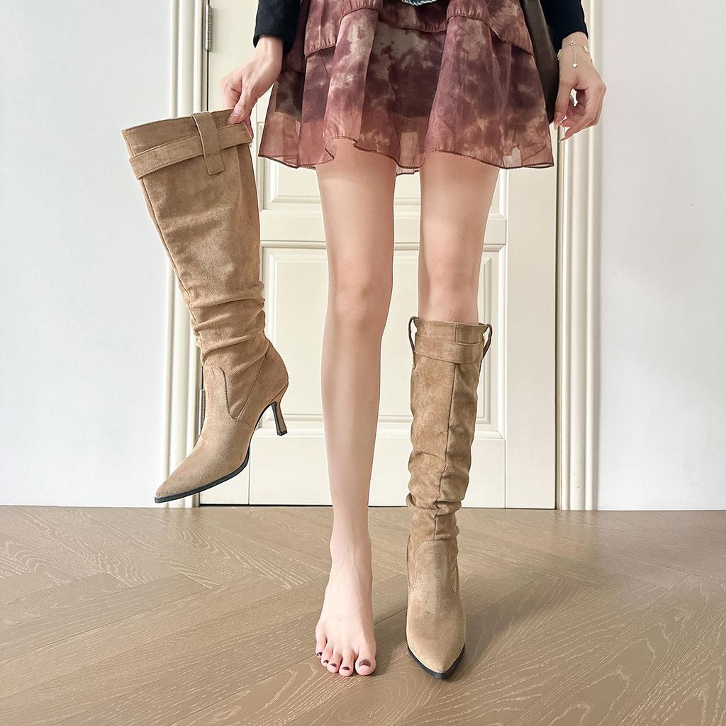 Pointed thin heel thin big tube circumference stacking boots 2025 autumn and winter new belt buckle high heel boots thin boots