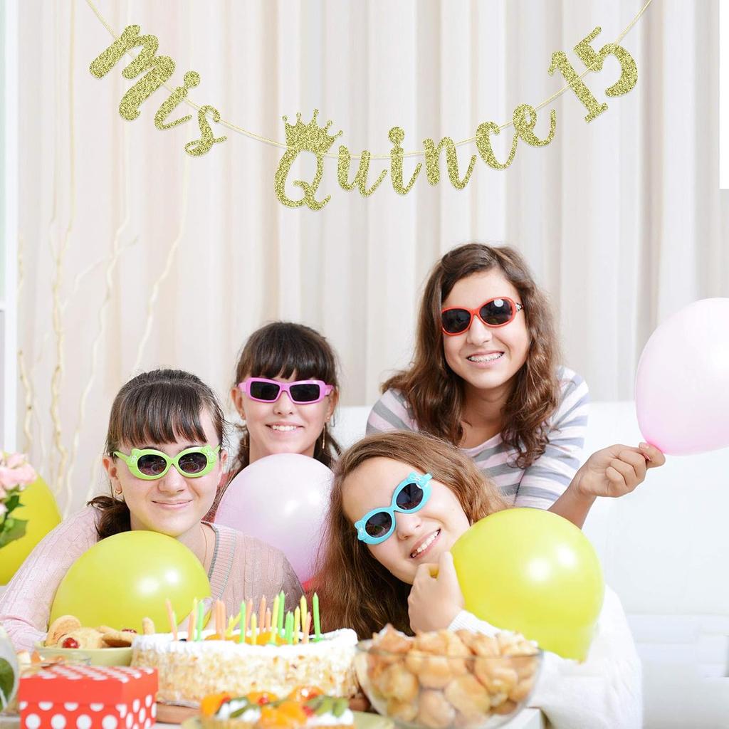 Mis Quince 15 Banner, My 15th Birthday Party Decorations, Quinceanera Decor, Feliz Cumpleanos Banner (Gold Glitter)