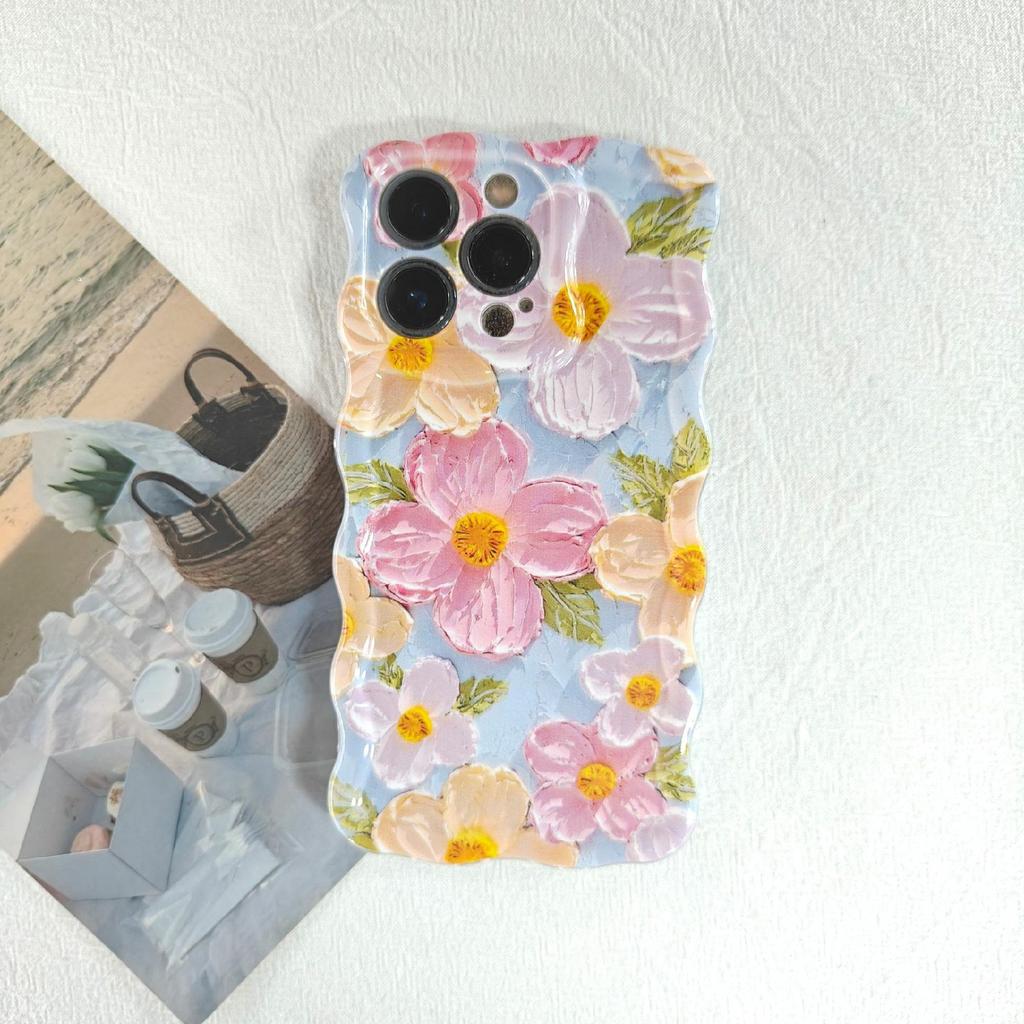 For iPhone 13 Pro Max Case Oil Painting Flower Pattern TPU Phone Cover with Curly Wave Frame