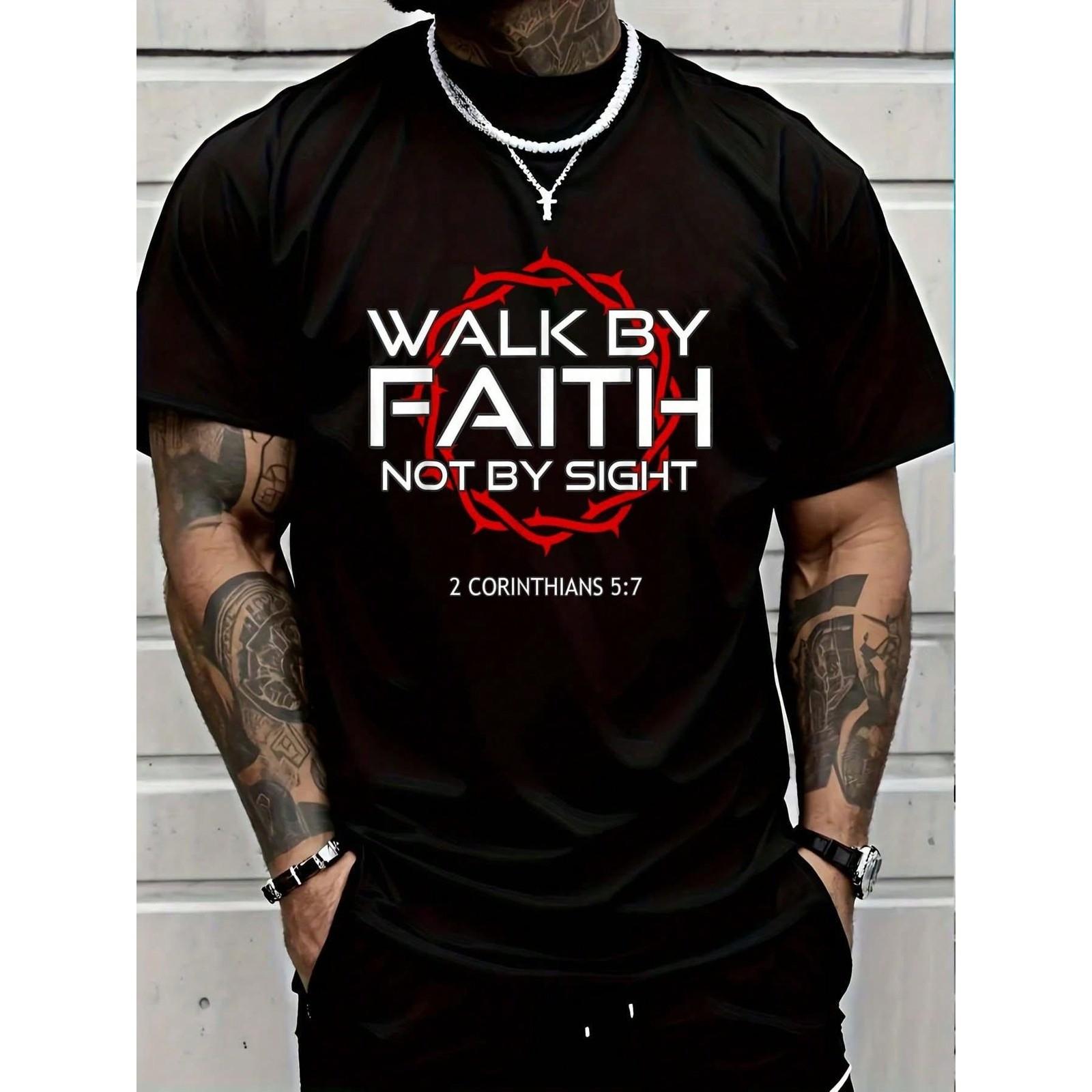 100% Cotton Jesus Walk By Faith Christian T-Shirt Round Neck Short Sleeve Shirt XL