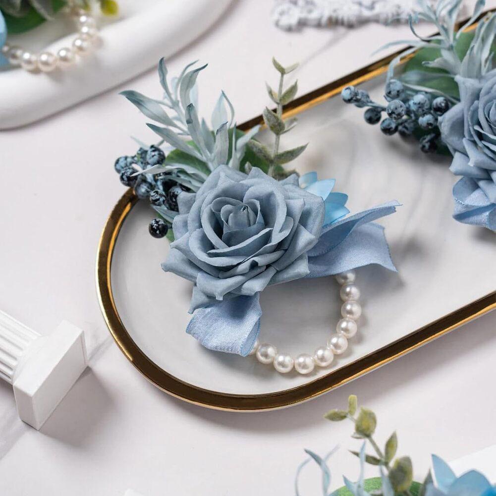 1PC Corsage And Boutonniere Set Simulated Wrist Flower With Chest Flower Rose Prom Flower Wrist Corsage Bracelets For Wedding