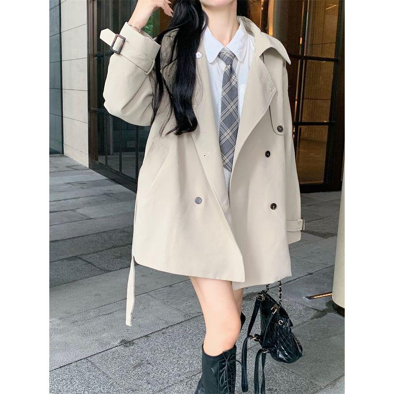 Kumikumi British Style Apricot Lapel Trench Coat Outerwear Women Autumn Elegant All-Match Loose Slimming New Coat