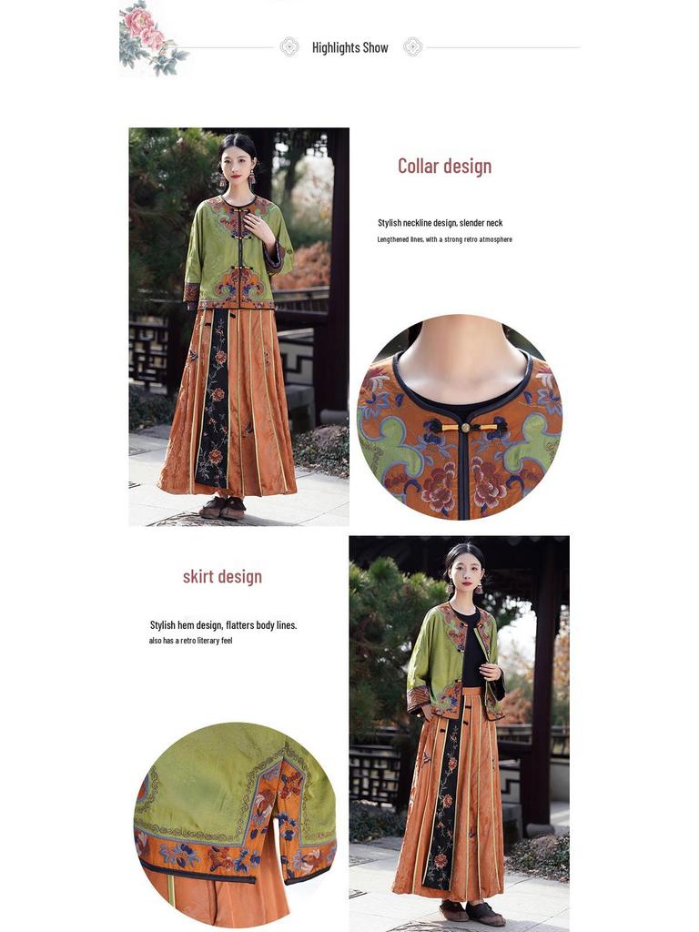 Premium Ethnic-Style Embroidered Satin Jacquard Coat with Frog Button