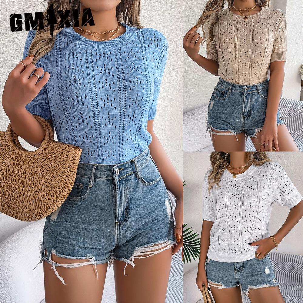 GMXIA Spring and Summer Casual Solid-color Cut-out Short-sleeved Knitted Top for Vacation Women's Wear